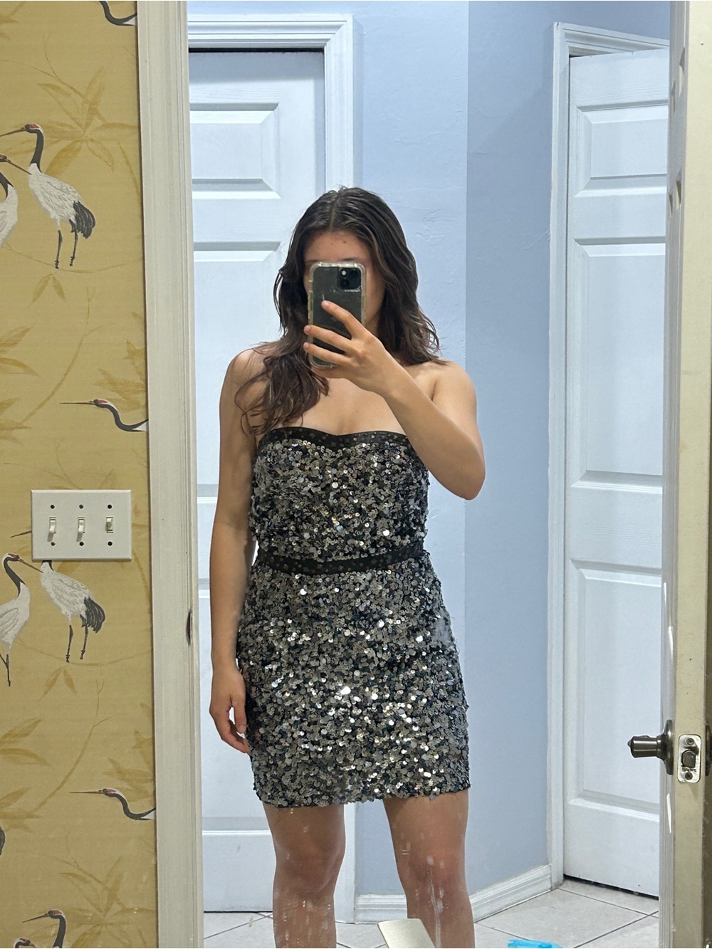 Free People Strapless Sequin Mini Dress - Silver